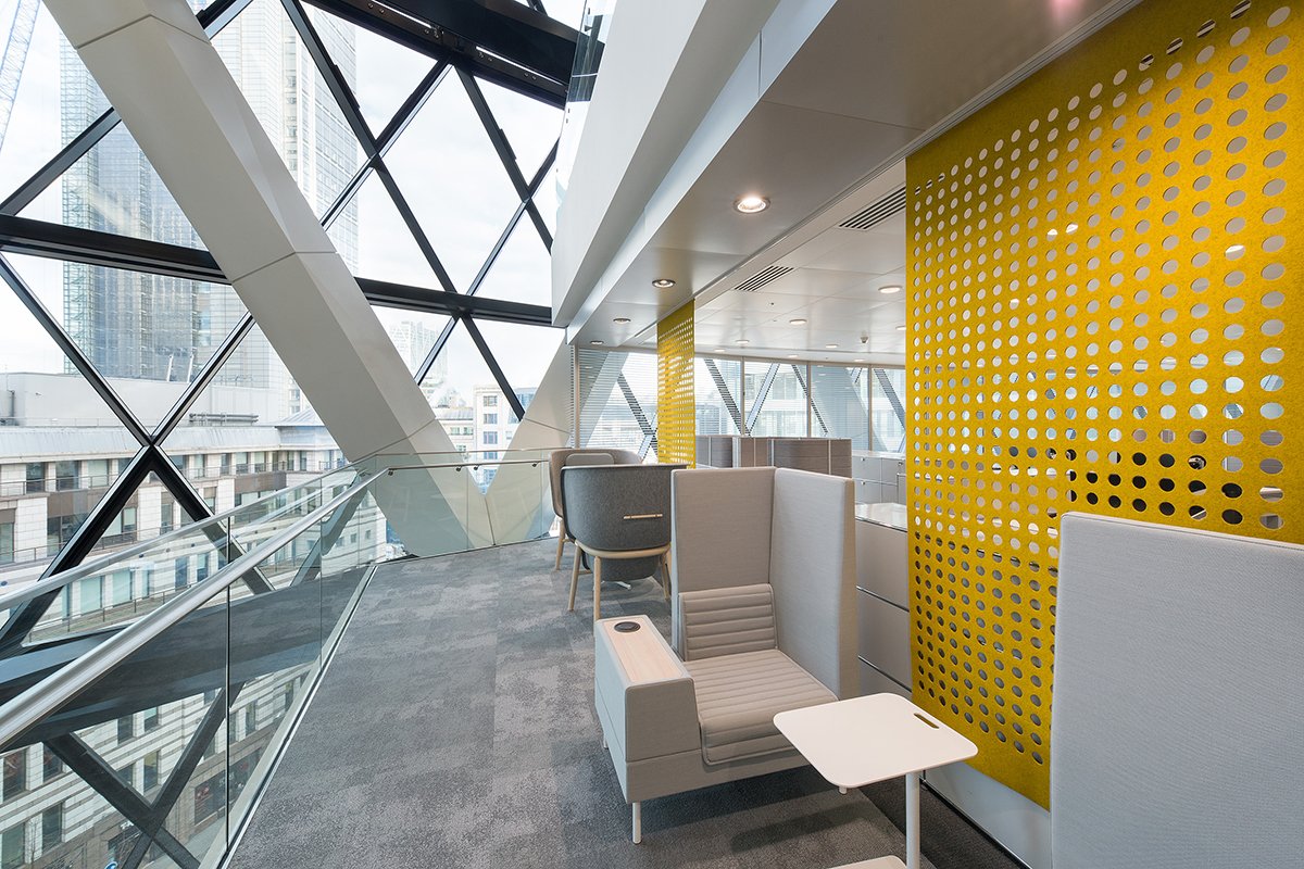 Yellow hanging panels at 30 St Mary Axe