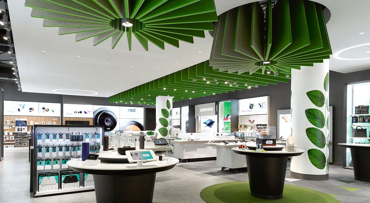 Telus Concept Store at Eaton Centre custom ceiling in green