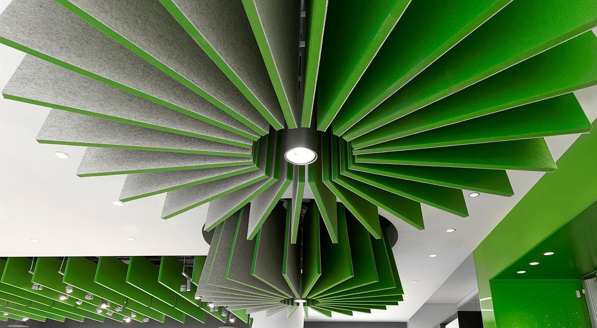 Telus Concept Store at Eaton Centre custom ceiling in green detail