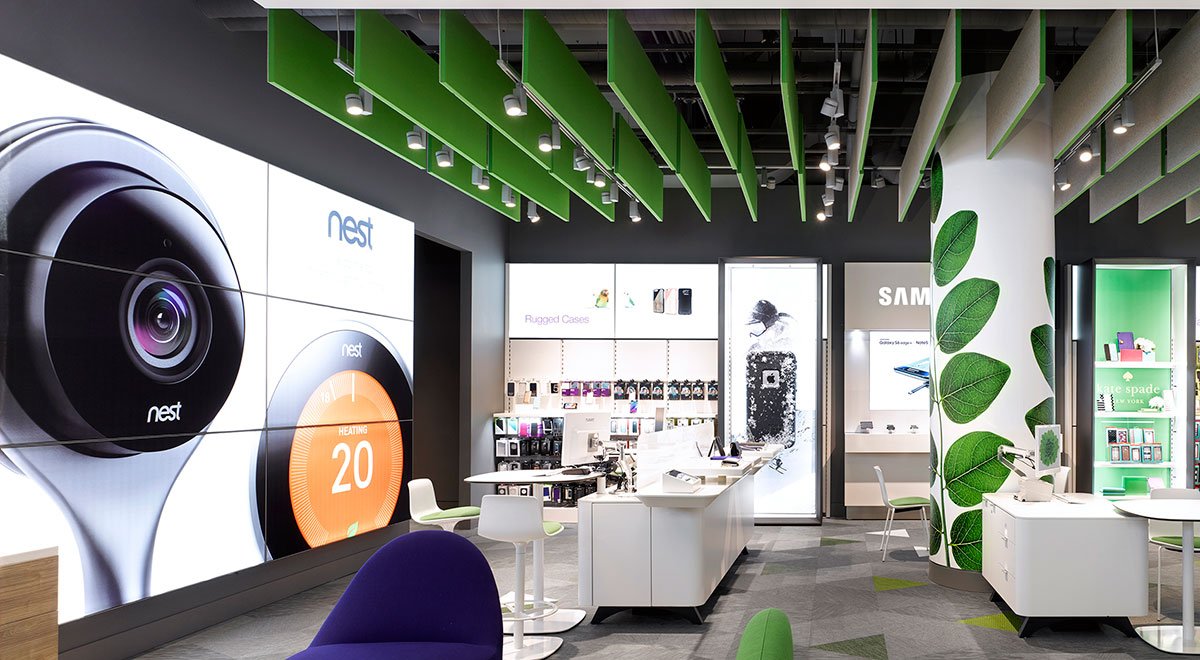 Telus Concept Store at Eaton Centre custom ceiling in green baffles